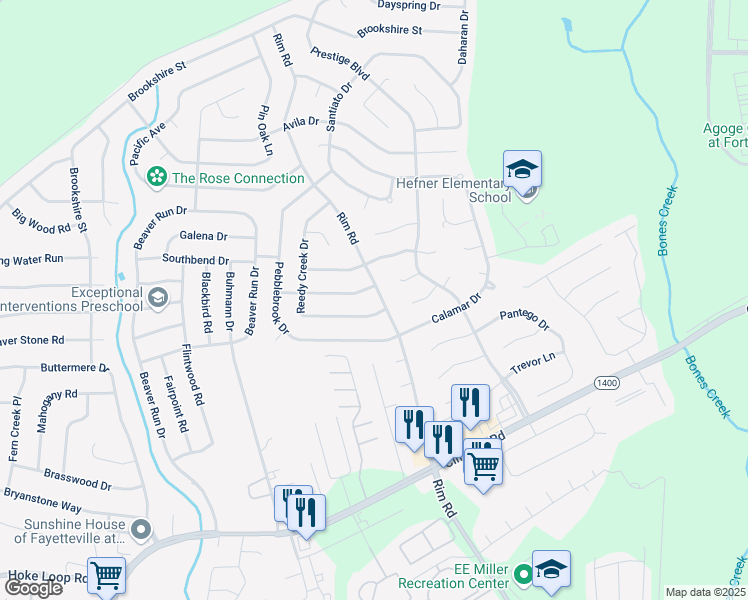 map of restaurants, bars, coffee shops, grocery stores, and more near 970 Rim Road in Fayetteville