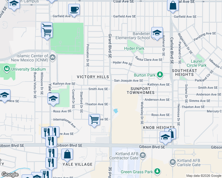 map of restaurants, bars, coffee shops, grocery stores, and more near Girard Boulevard Southeast in Albuquerque