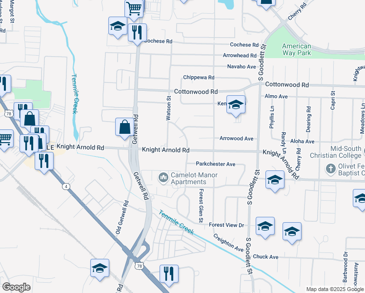 map of restaurants, bars, coffee shops, grocery stores, and more near 4058 Knight Arnold Road in Memphis