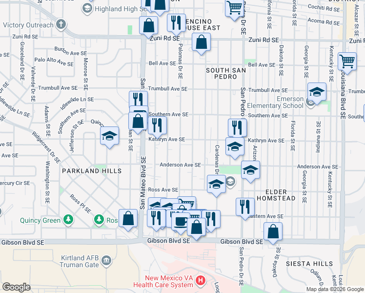 map of restaurants, bars, coffee shops, grocery stores, and more near 5708 Kathryn Avenue Southeast in Albuquerque