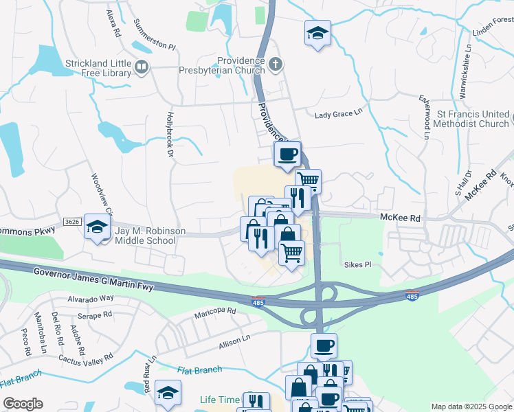 map of restaurants, bars, coffee shops, grocery stores, and more near 5208 Ballantyne Commons Parkway in Charlotte