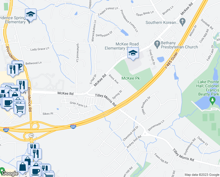 map of restaurants, bars, coffee shops, grocery stores, and more near 9911 Karras Commons Way in Matthews