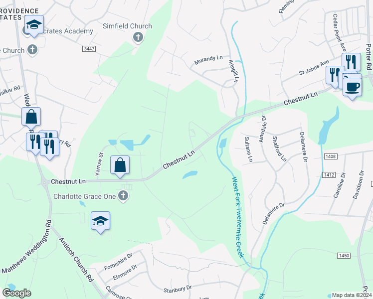 map of restaurants, bars, coffee shops, grocery stores, and more near 2218 Chestnut Lane in Matthews