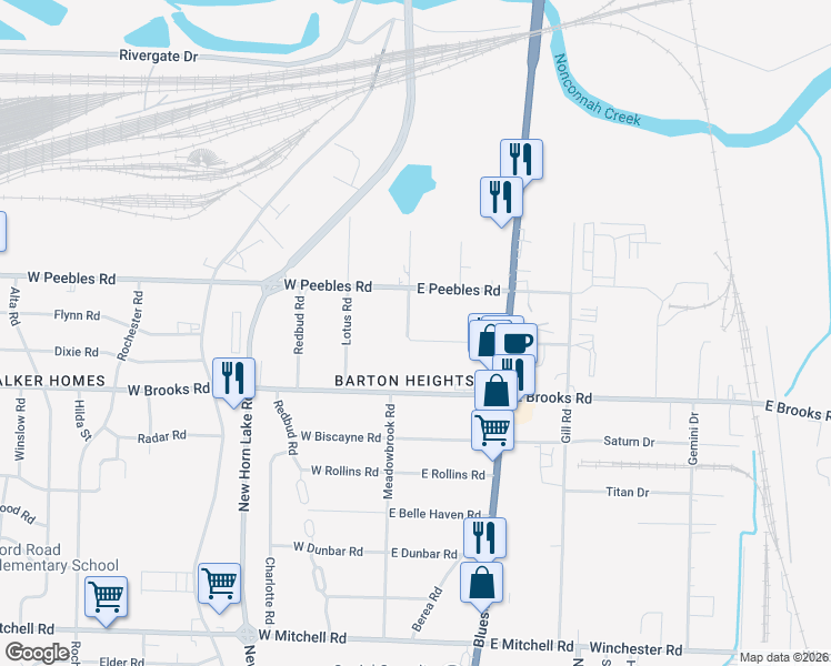 map of restaurants, bars, coffee shops, grocery stores, and more near 3053 Meadowbrook Road in Memphis