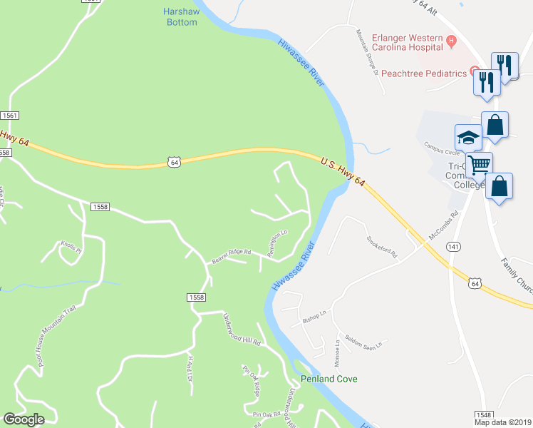 map of restaurants, bars, coffee shops, grocery stores, and more near 168 Deerwood Lane in Murphy