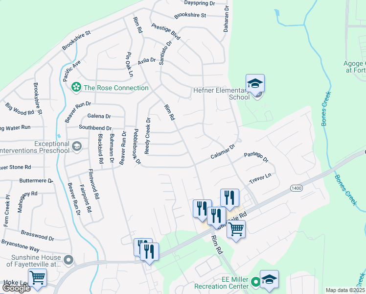 map of restaurants, bars, coffee shops, grocery stores, and more near 970 Rim Road in Fayetteville