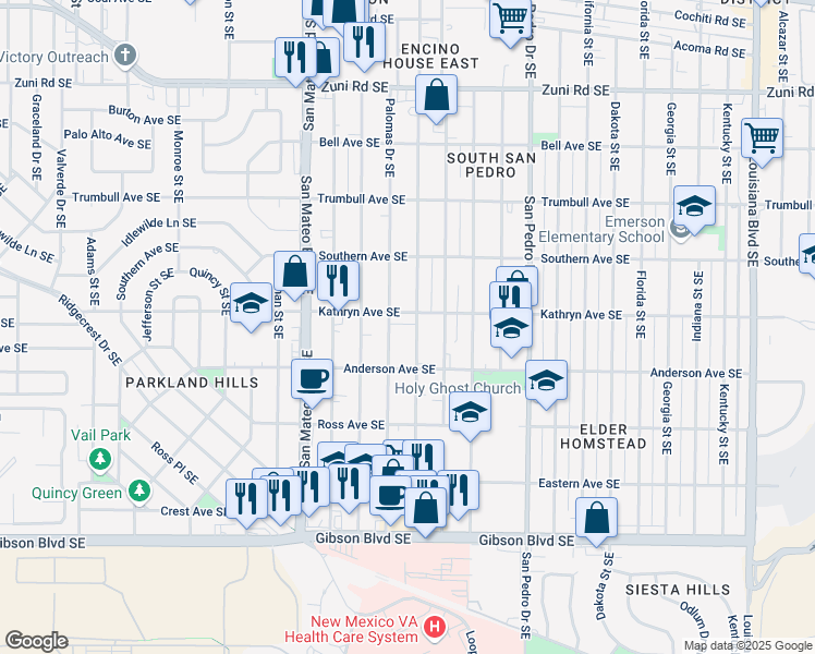 map of restaurants, bars, coffee shops, grocery stores, and more near 5708 Kathryn Avenue Southeast in Albuquerque
