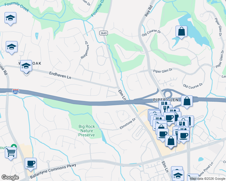 map of restaurants, bars, coffee shops, grocery stores, and more near 10236 Creek Dale Lane in Charlotte