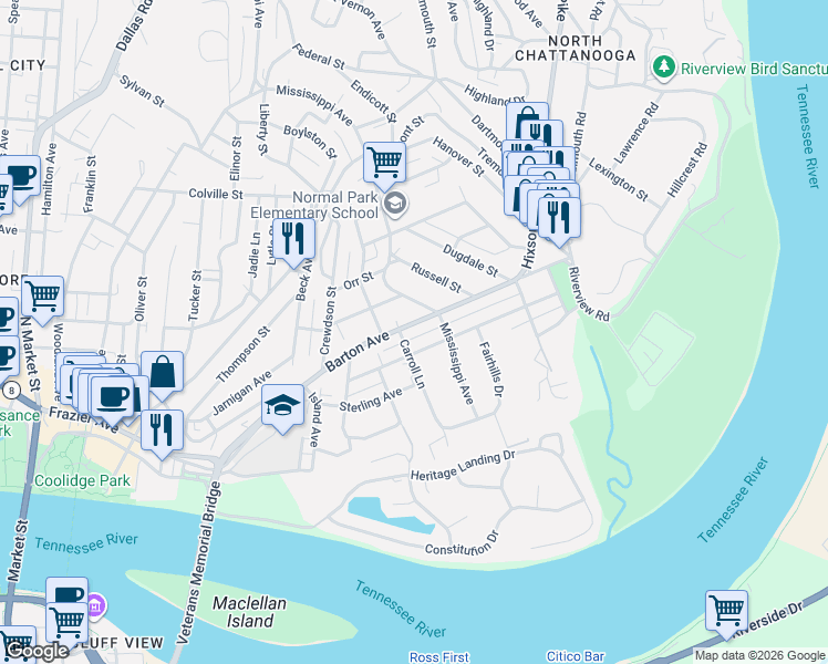 map of restaurants, bars, coffee shops, grocery stores, and more near 609 Barton Avenue in Chattanooga
