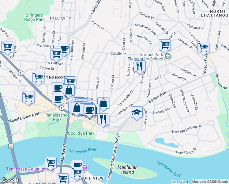 map of restaurants, bars, coffee shops, grocery stores, and more near 401 Rosewood Street in Chattanooga