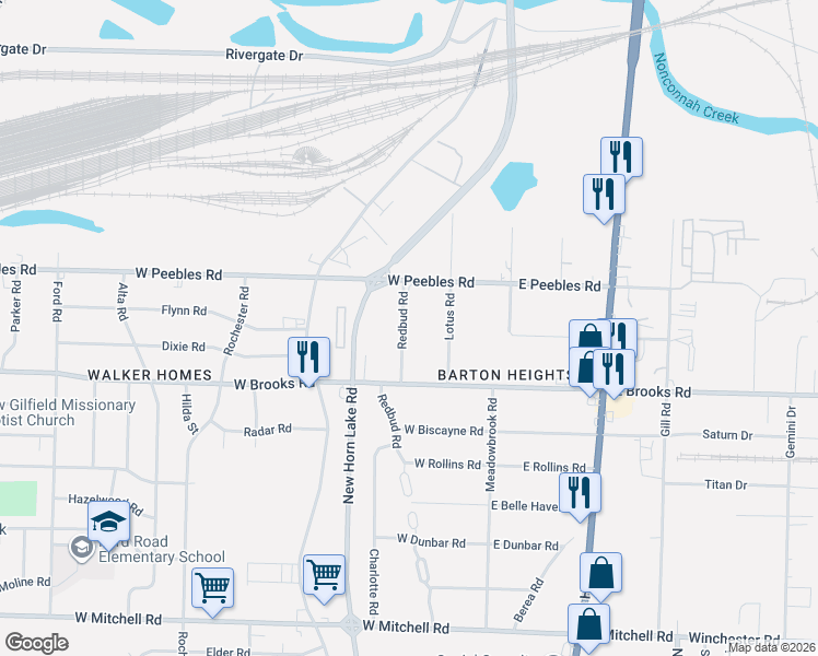map of restaurants, bars, coffee shops, grocery stores, and more near 3047 Redbud Road in Memphis