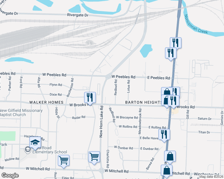 map of restaurants, bars, coffee shops, grocery stores, and more near 3047 Redbud Road in Memphis