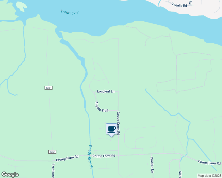 map of restaurants, bars, coffee shops, grocery stores, and more near 100 Longleaf Lane in New Bern