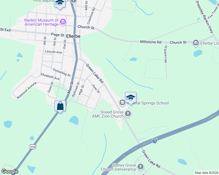 map of restaurants, bars, coffee shops, grocery stores, and more near 1476 Green Lake Road in Ellerbe