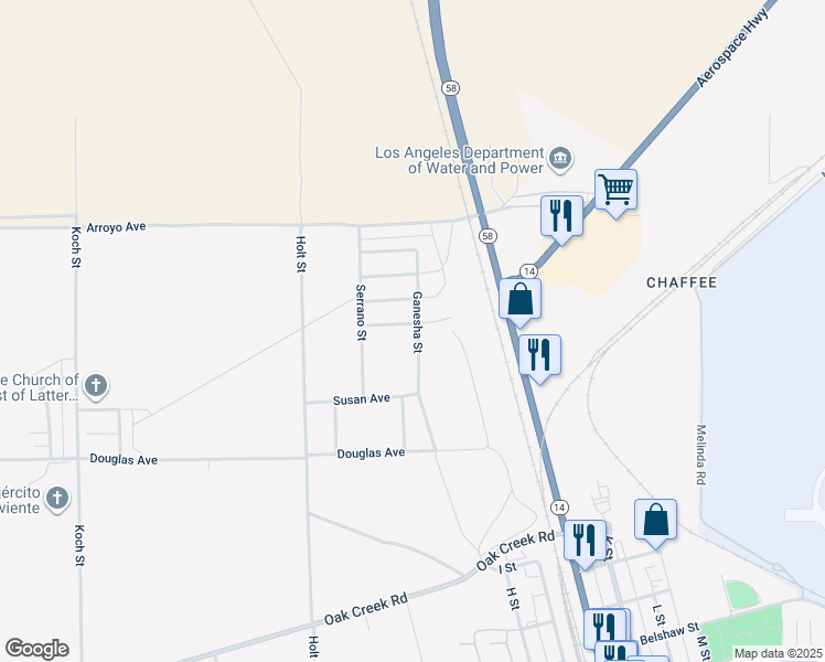 map of restaurants, bars, coffee shops, grocery stores, and more near 2800 Encina Avenue in Mojave