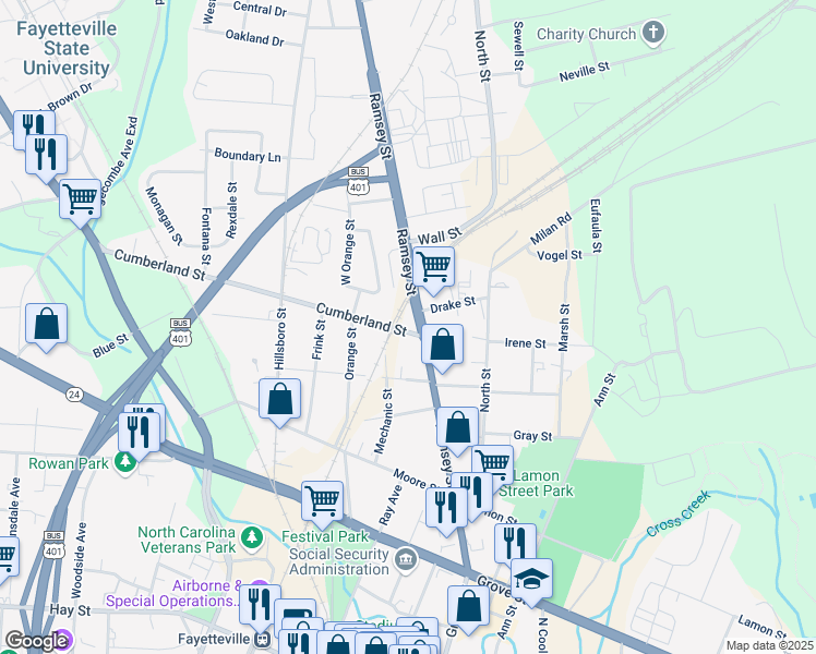 map of restaurants, bars, coffee shops, grocery stores, and more near 112 Cumberland Street in Fayetteville