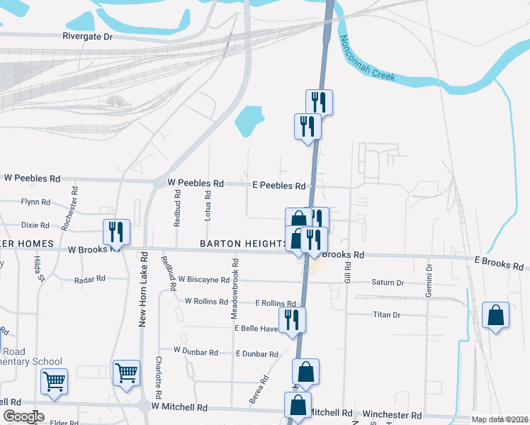 map of restaurants, bars, coffee shops, grocery stores, and more near 72 Eastman Road in Memphis