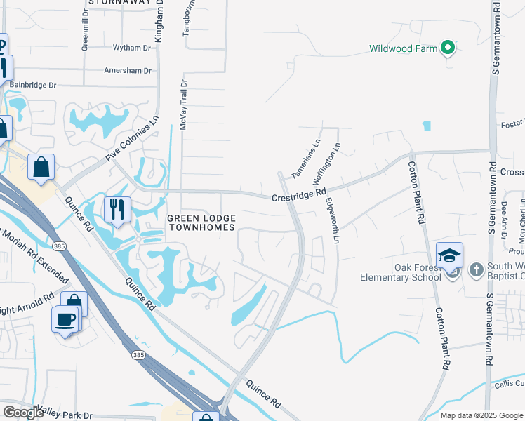 map of restaurants, bars, coffee shops, grocery stores, and more near 7125 Crestridge Road in Memphis