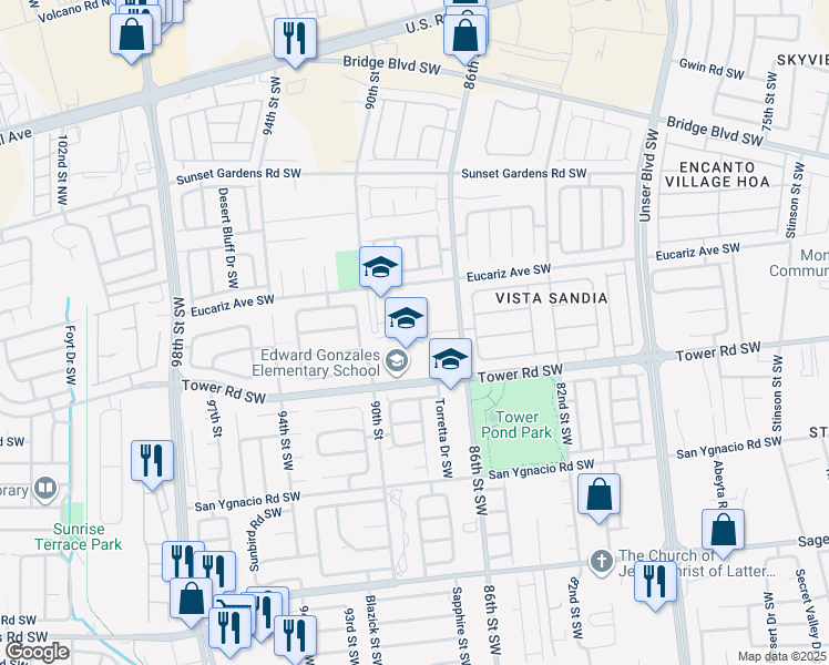 map of restaurants, bars, coffee shops, grocery stores, and more near 554 90th Street Southwest in Albuquerque