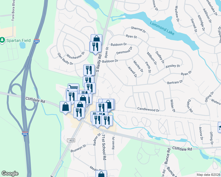 map of restaurants, bars, coffee shops, grocery stores, and more near 416 Northumberland Street in Fayetteville