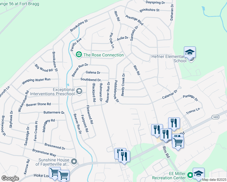 map of restaurants, bars, coffee shops, grocery stores, and more near 7285 Pebblebrook Drive in Fayetteville