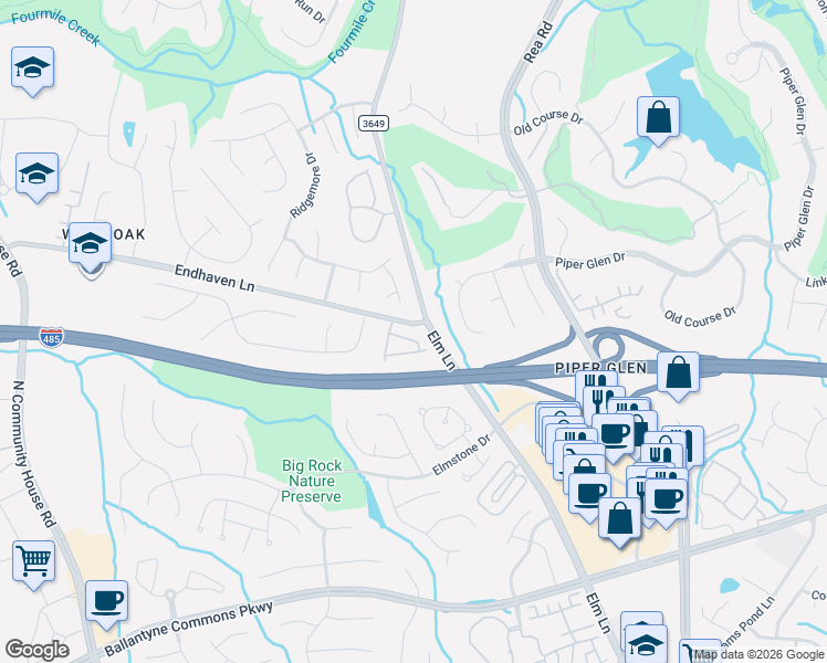 map of restaurants, bars, coffee shops, grocery stores, and more near 10236 Creek Dale Lane in Charlotte