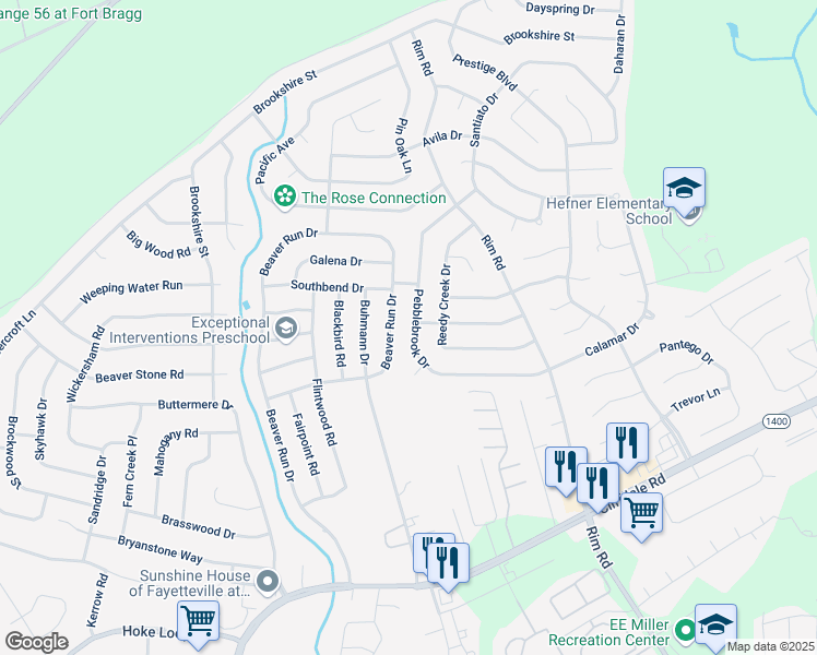 map of restaurants, bars, coffee shops, grocery stores, and more near 7285 Pebblebrook Drive in Fayetteville