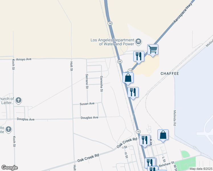 map of restaurants, bars, coffee shops, grocery stores, and more near 2758 Encina Avenue in Mojave