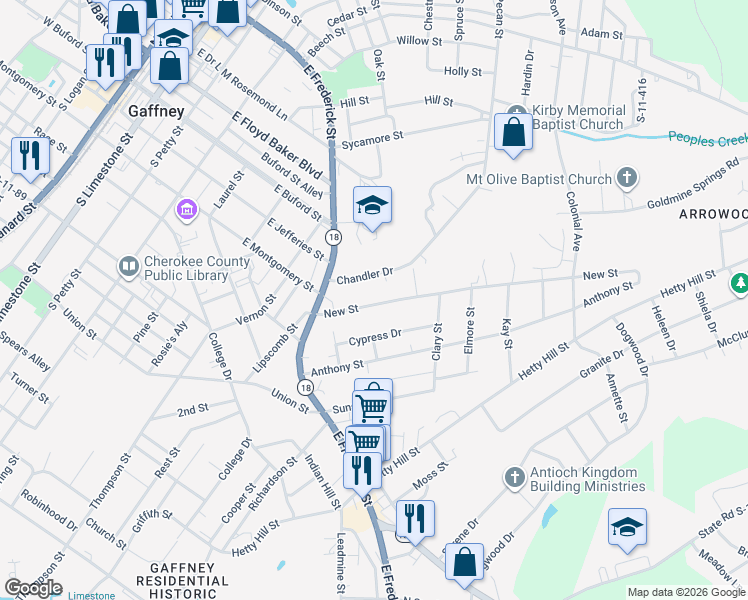 map of restaurants, bars, coffee shops, grocery stores, and more near 131 New Street in Gaffney