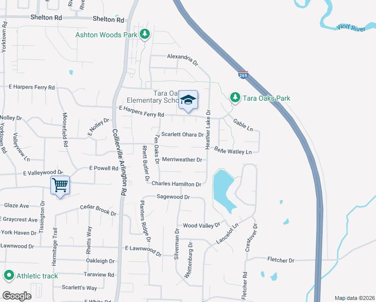 map of restaurants, bars, coffee shops, grocery stores, and more near 584 Tara Oaks Cove in Collierville