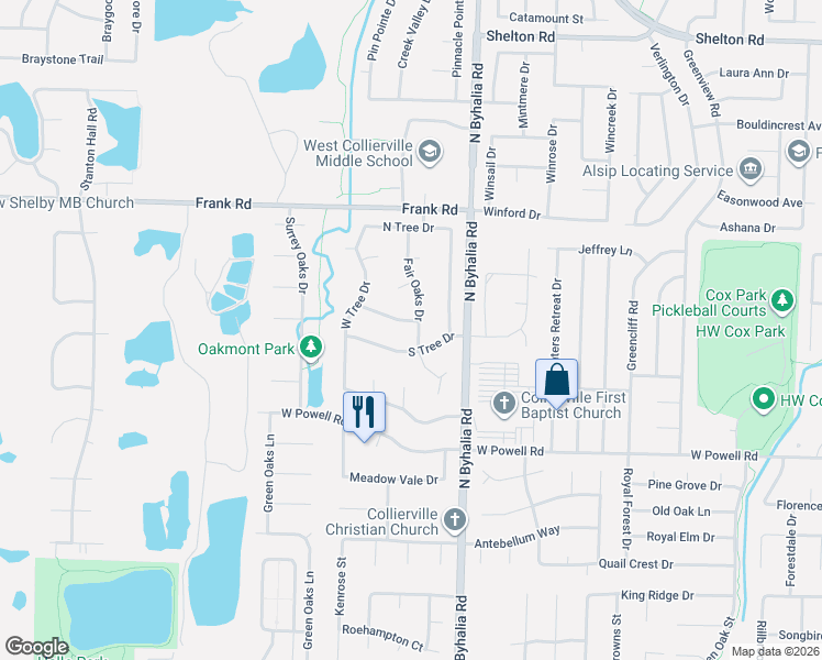 map of restaurants, bars, coffee shops, grocery stores, and more near 776 Pearson Oaks Drive in Collierville