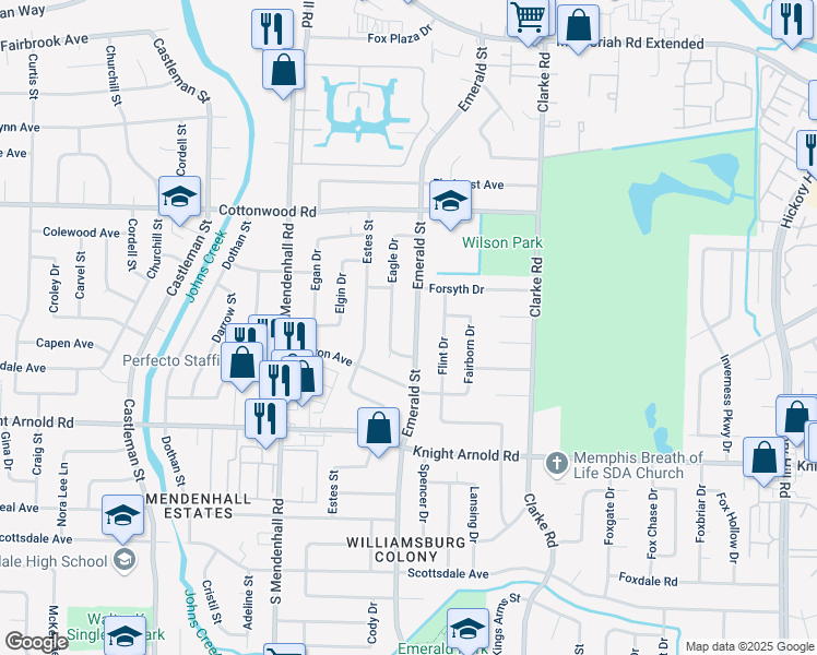 map of restaurants, bars, coffee shops, grocery stores, and more near 3046 Eagle Drive in Memphis