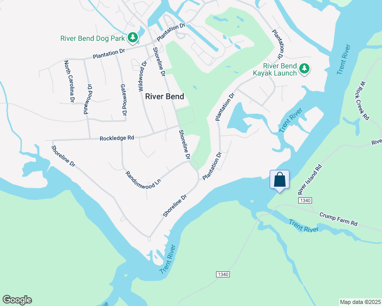 map of restaurants, bars, coffee shops, grocery stores, and more near 114 Shoreline Drive in New Bern