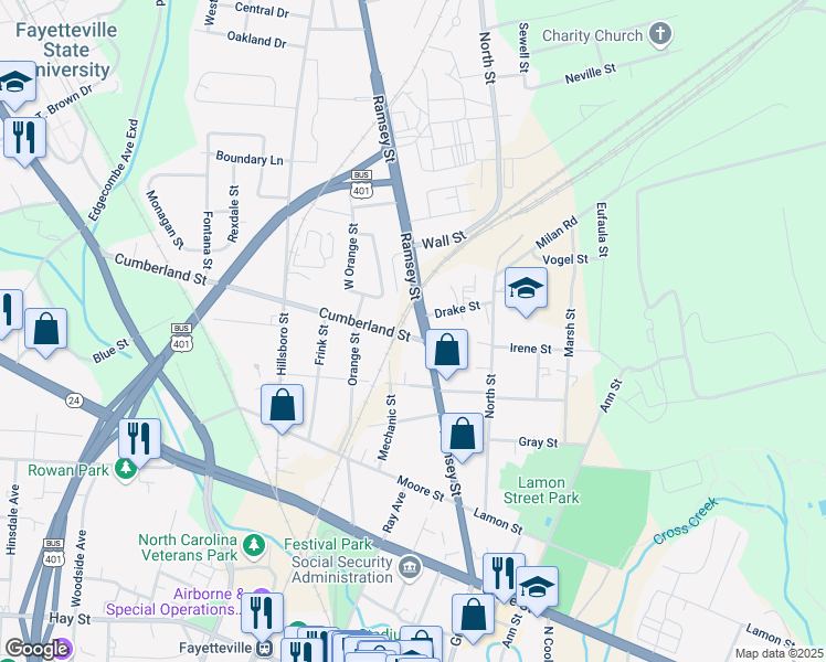 map of restaurants, bars, coffee shops, grocery stores, and more near 112 Cumberland Street in Fayetteville