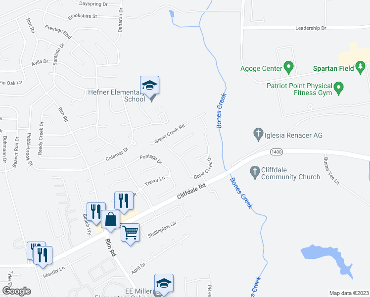 map of restaurants, bars, coffee shops, grocery stores, and more near 6916 Pine Creek Court in Fayetteville