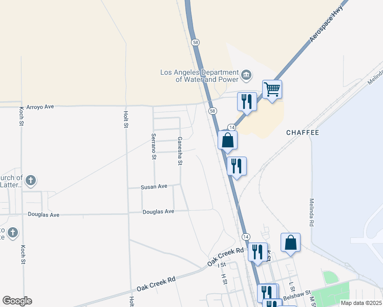 map of restaurants, bars, coffee shops, grocery stores, and more near 2758 Encina Avenue in Mojave