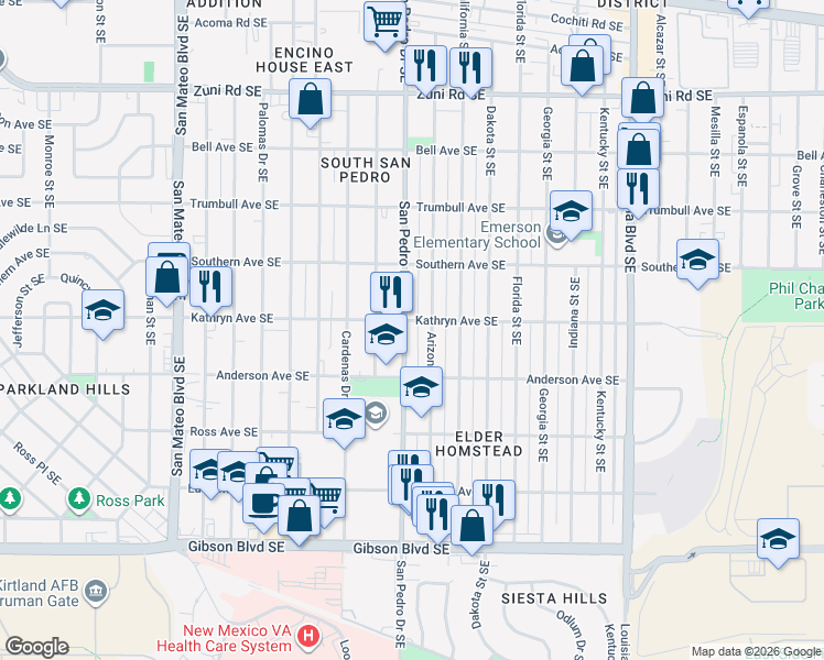 map of restaurants, bars, coffee shops, grocery stores, and more near 737 Arizona Street Southeast in Albuquerque