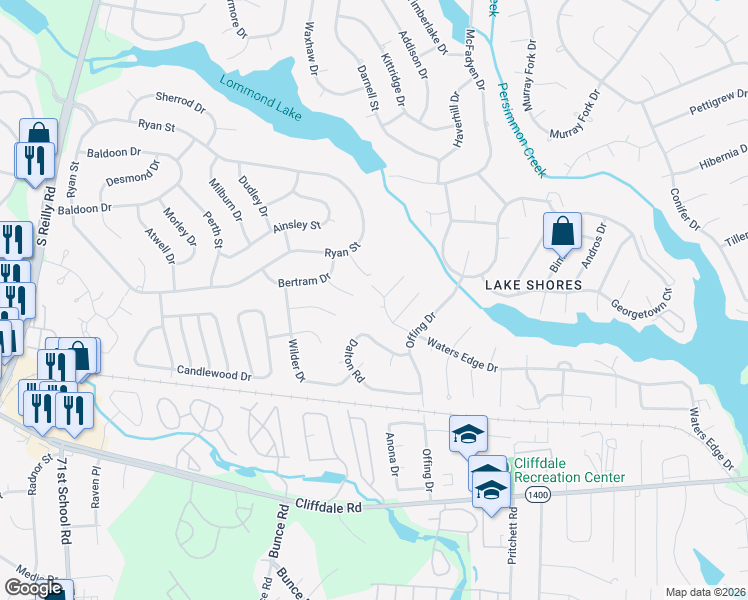 map of restaurants, bars, coffee shops, grocery stores, and more near 200 Bertram Place in Fayetteville