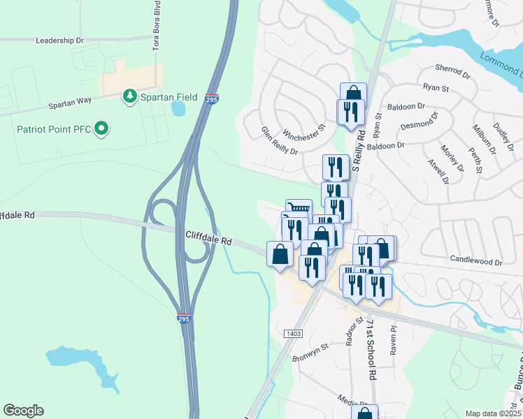 map of restaurants, bars, coffee shops, grocery stores, and more near 612 Marshtree Lane in Fayetteville