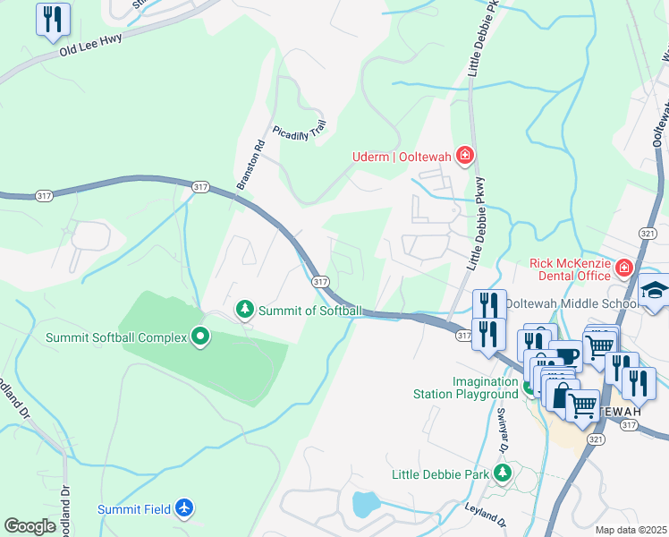 map of restaurants, bars, coffee shops, grocery stores, and more near 8917 Apison Pike in Ooltewah