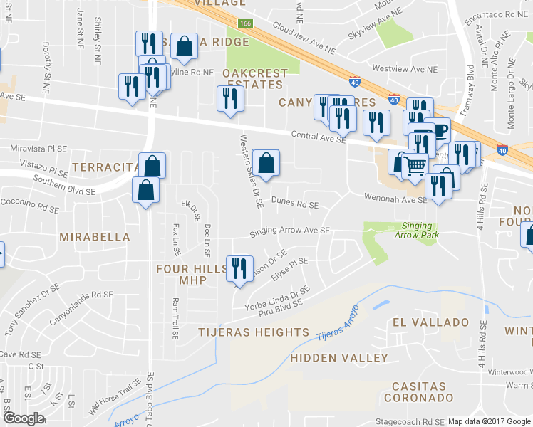 map of restaurants, bars, coffee shops, grocery stores, and more near 12600 Dunes Road Southeast in Albuquerque