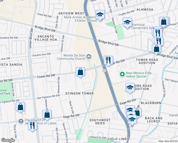 map of restaurants, bars, coffee shops, grocery stores, and more near 7105 Balearic Avenue Southwest in Albuquerque