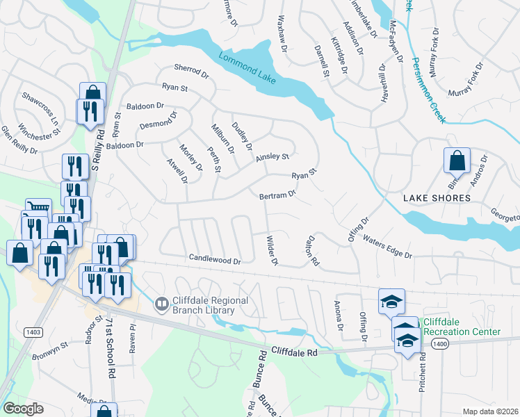 map of restaurants, bars, coffee shops, grocery stores, and more near 7323 Bertram Drive in Fayetteville