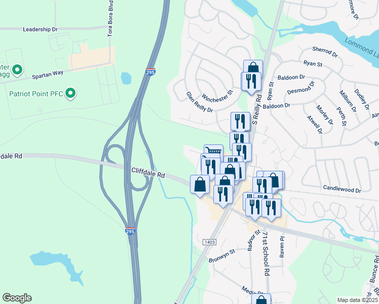 map of restaurants, bars, coffee shops, grocery stores, and more near 612 Marshtree Lane in Fayetteville