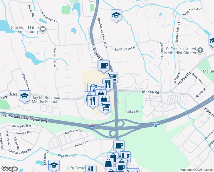 map of restaurants, bars, coffee shops, grocery stores, and more near 5208 Ballantyne Commons Pkwy in Charlotte