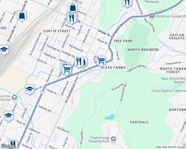 map of restaurants, bars, coffee shops, grocery stores, and more near 2410 Wetmore Street in Chattanooga