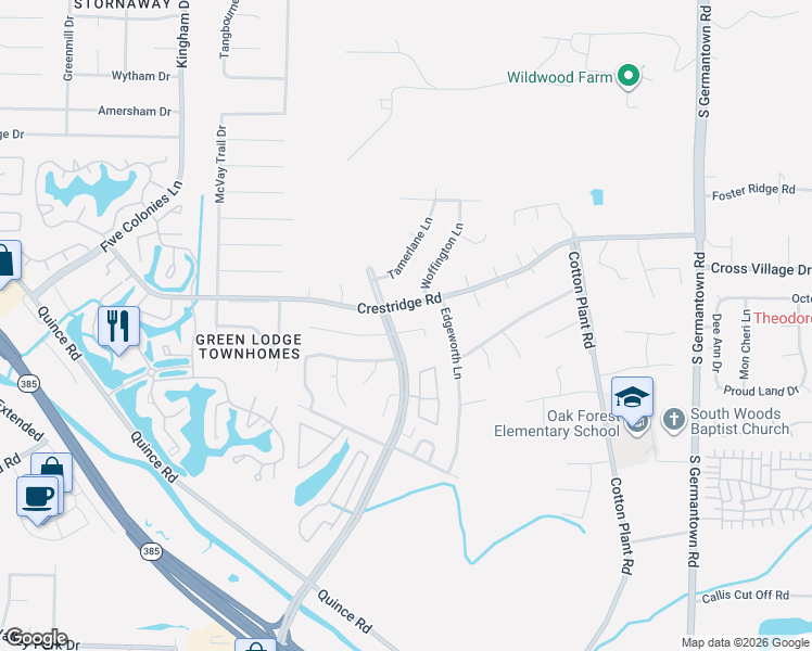 map of restaurants, bars, coffee shops, grocery stores, and more near 7165 Crestridge Road in Memphis