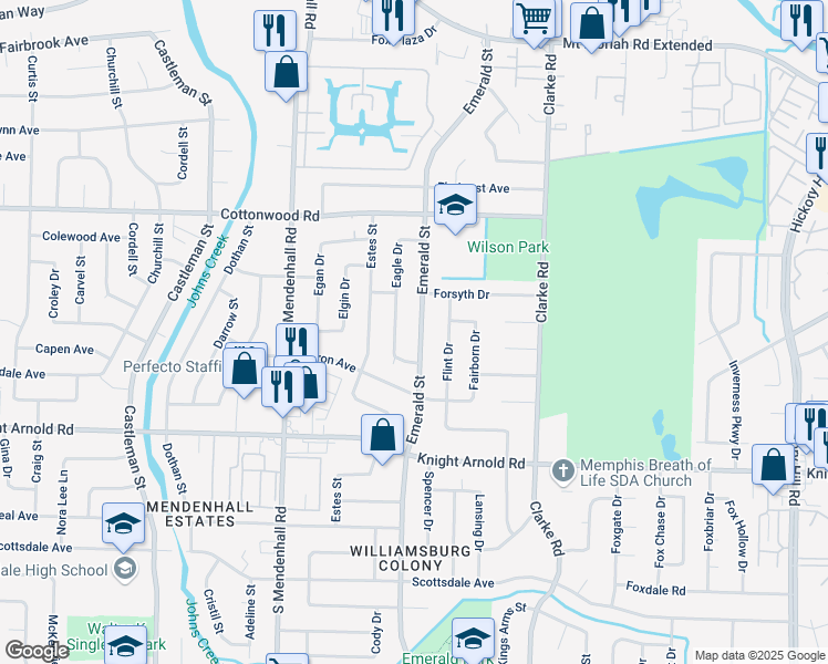 map of restaurants, bars, coffee shops, grocery stores, and more near 3046 Eagle Drive in Memphis