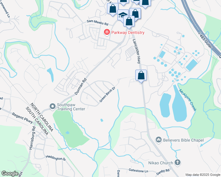 map of restaurants, bars, coffee shops, grocery stores, and more near 14003 Green Birch Drive in Pineville