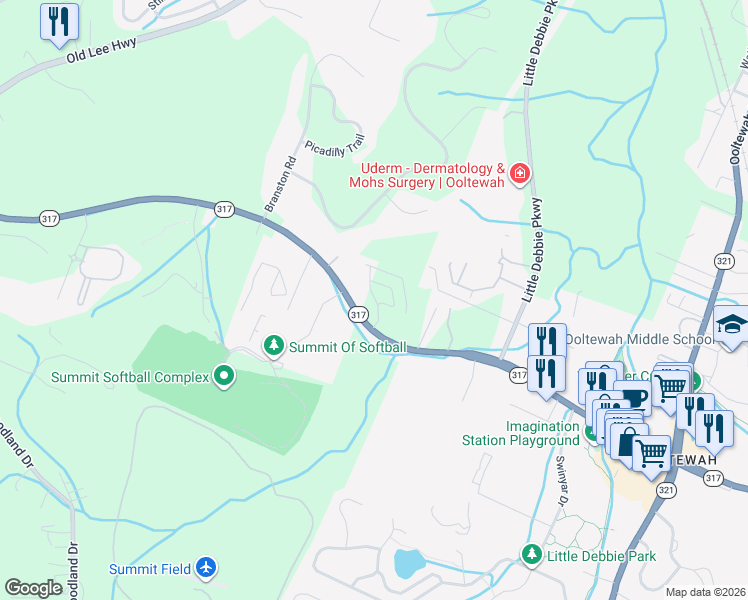 map of restaurants, bars, coffee shops, grocery stores, and more near 8917 Apison Pike in Ooltewah